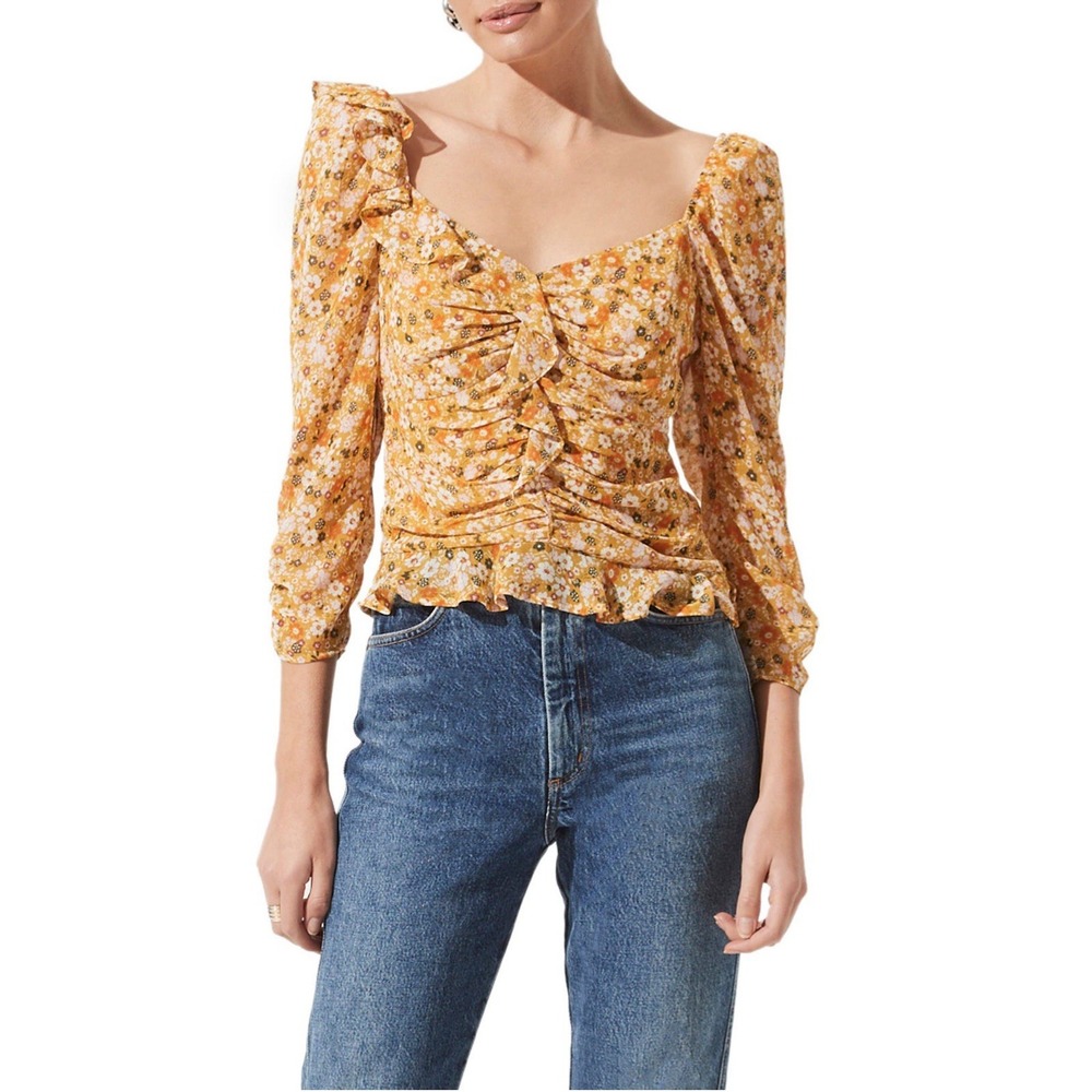 Astr‎ Yellow Floral Ruched Blouse Size Small